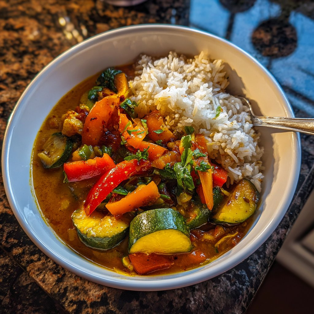 Abendessen mit Gemüsepfanne und Reis